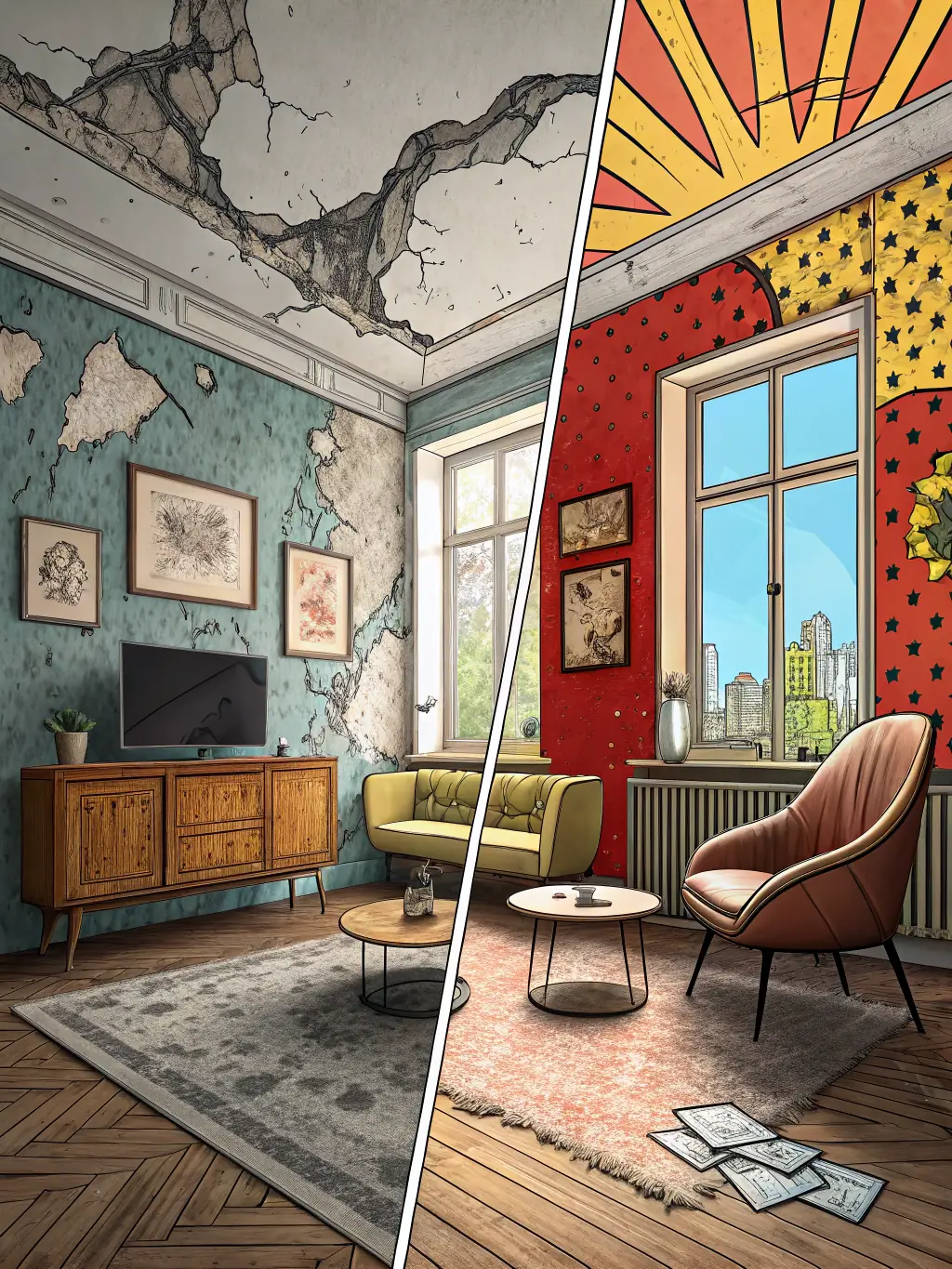 A before-and-after image of a home renovation project, showcasing the transformation achieved by ATHMOSPHERE. The image is used to represent the renovation services offered.